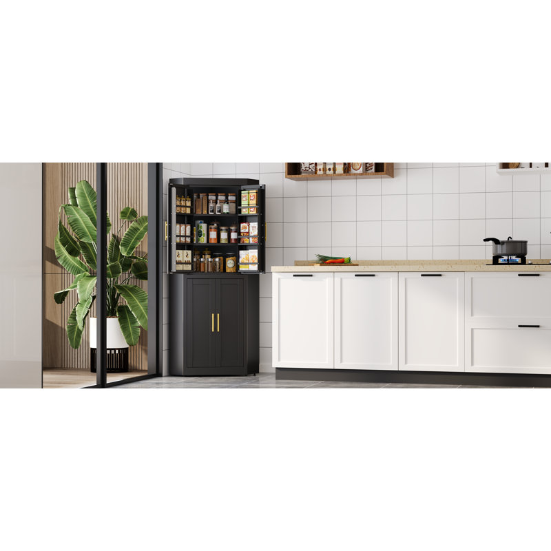Armoire de cuisine d'angle moderne en acier avec 4 portes et 3 tablettes, Noir