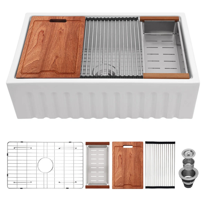 30" L x 20" W Rectangular White Single Bowl Ceramic Farmhouse/Apron Kitchen Sink Workstation with Accessories, Silver