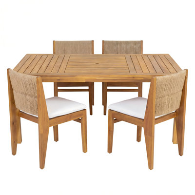 Tivon Modern Coastal Acacia Wood Outdoor Dining Set With Cushioned Armless Chairs And 69" Table With Umbrella Hole