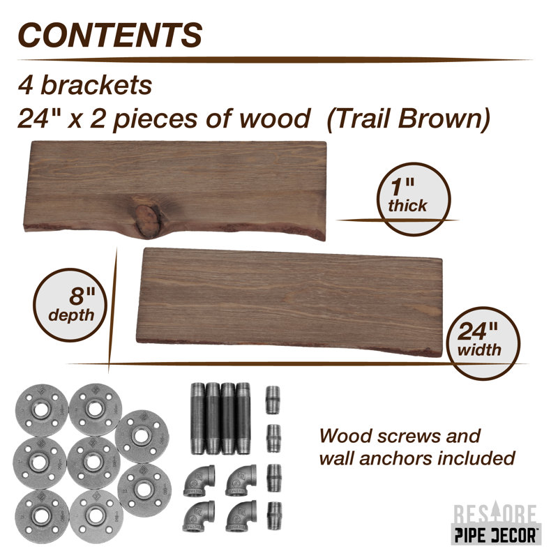 Tablette en bois Live Edge avec supports de tuyaux industriels en forme de L, H 4,5 po x l 24 po x P 7,5 po, Brun sentier