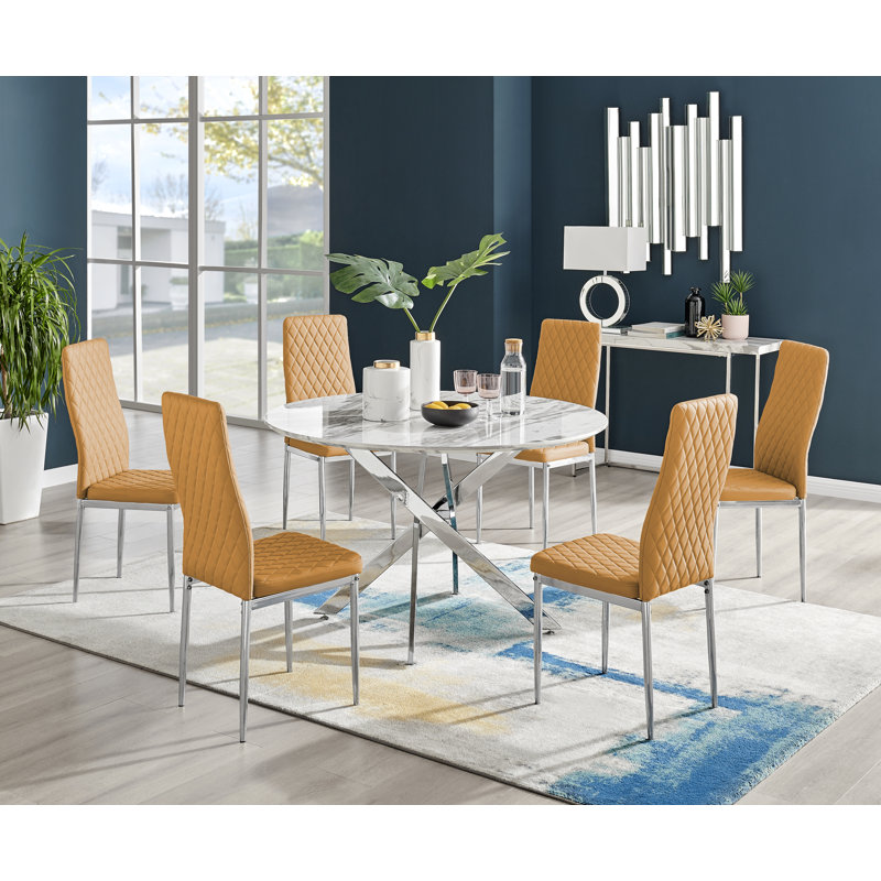 Tierra Modern Chrome Metal & Glass Round Dining Table Set with Quilted Faux Leather Chairs, Mustard/Silver, 6