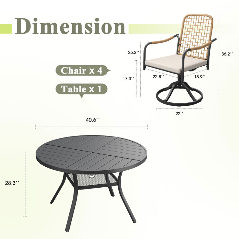 Ensemble de salle à manger d'extérieur pour 4 personnes avec chaises pivotantes en osier PE pivotant à 360 °, Noir