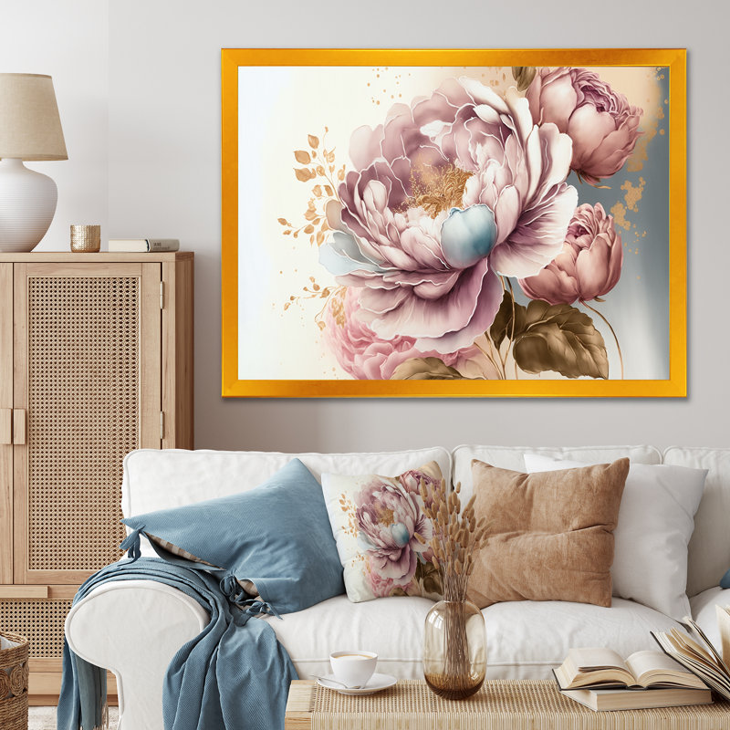 Rose et or rose II - Art mural encadré rose, H 16 po x l 32 po x P 1 po, Impression sur dorée toile encadrée