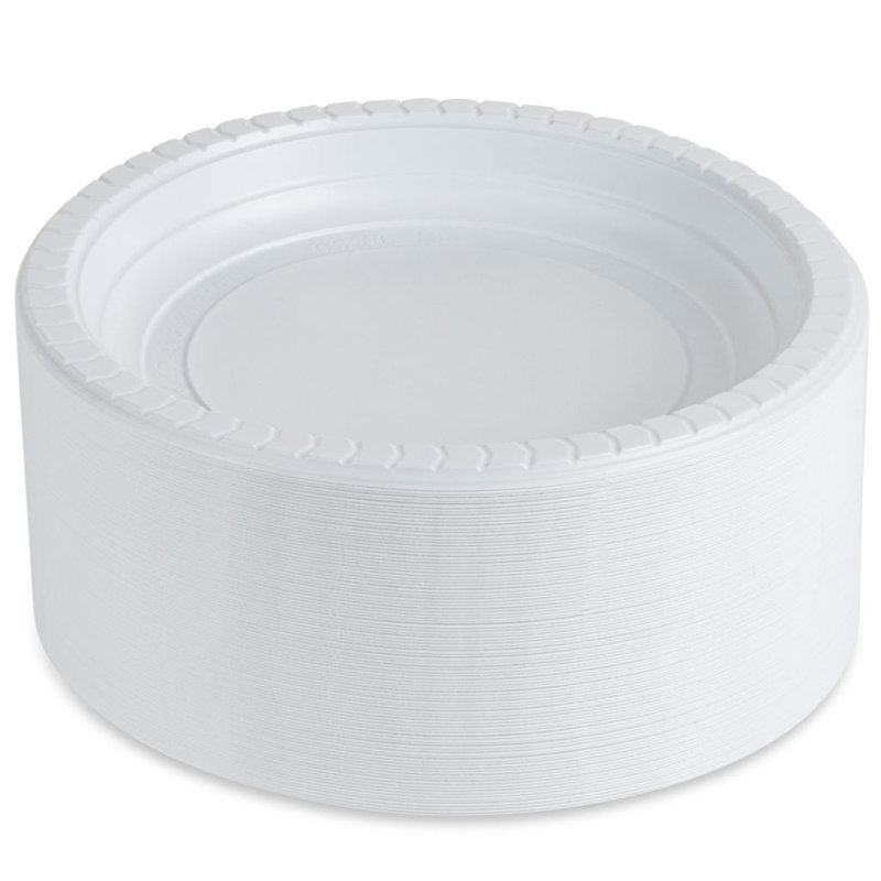Assiettes en plastique rondes jetables blanches de 10 pouces Ecoqualité pour 800 invités