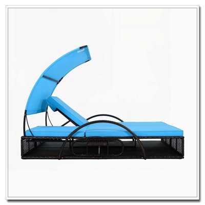 Outdoor Steel Frame Sun Lounger with Adjustable Backrest,Patio Double Sunbed with Hidden Side Table and Arched Armrests