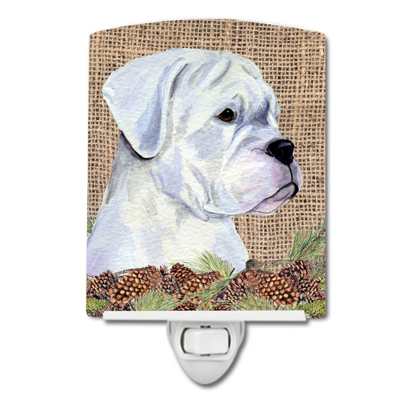 Affenpinscher on simili en toile jute avec des lumières de nuit en céramique de pin, Boxer blanc