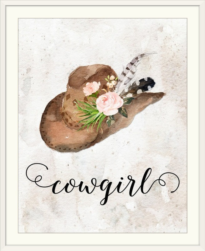 «Cowgirl Watercolor Hat» par Tara Moss - impression d'art graphique, H 38 po x l 32 po x P 1 po, Cadre blanc