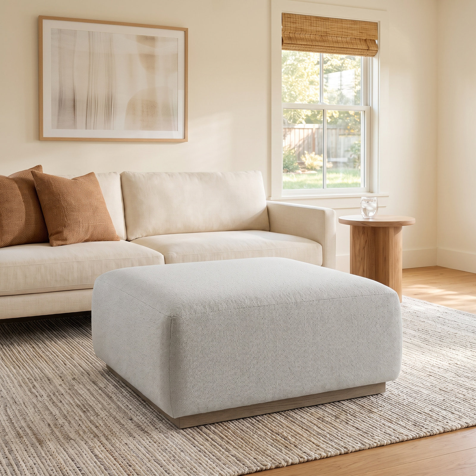 Anat Upholstered Ottoman, White Polypropylene/Olefin, Light Brown