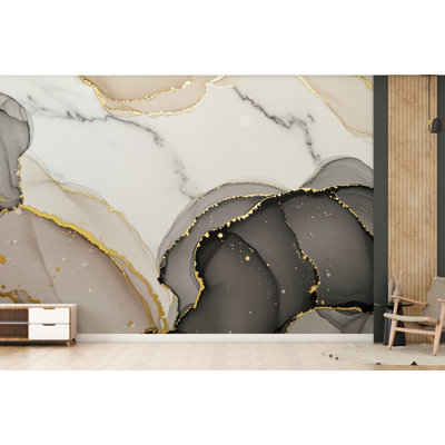 Papier peint géométrique moderne Art déco des années 1920 - Crème et noir avec des accents dorés | Papier peint effet marbre de luxe 768RS (Peel-N-Stick) RS768