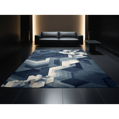 Tapis gris / bleu marine moderne et contemporain lavable à la machine Pauleta
