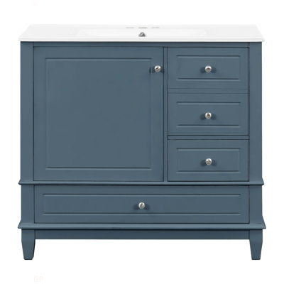 Meuble-lavabo de 36 po avec lavabo en céramique, panneau de fibres à densité moyenne et base en bois massif, 3 tiroirs et armoire avec tablettes, finition peinte gris-bleu, meuble-lavabo autoportant avec trous de robinet de 4 pouces
