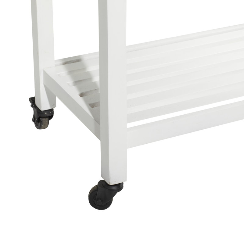 Wood Rolling 4 Drawer and 2 Shelf Kitchen Cart with Black Metal Handles and Marble Top, White, 35.5" H x 45.5" W x 20.5" D