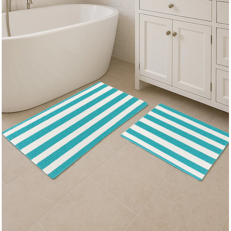 Grand tapis de bain en chenille moelleux à rayures bleu clair et blanc, Bleu