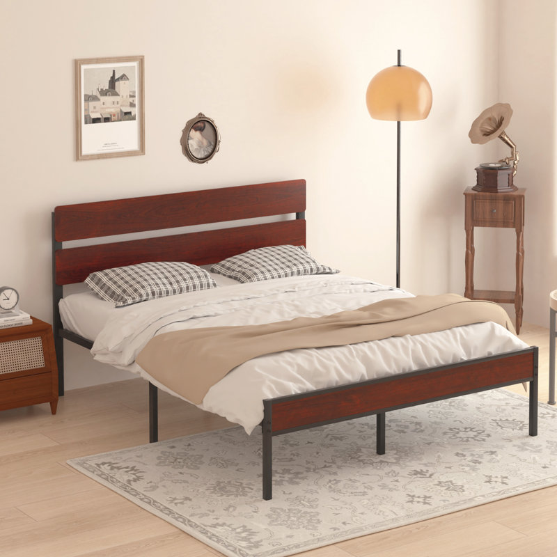 Base de lit en métal avec tête de lit et pied de lit en bois grand lit plateforme très grand support 12 lattes en métal robuste sans sommier
