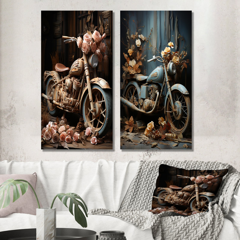 «Rustic Adventure Flower Moto» - ensemble de 2 impressions sur toile, H 28 po x l 25 po, Toile tendue