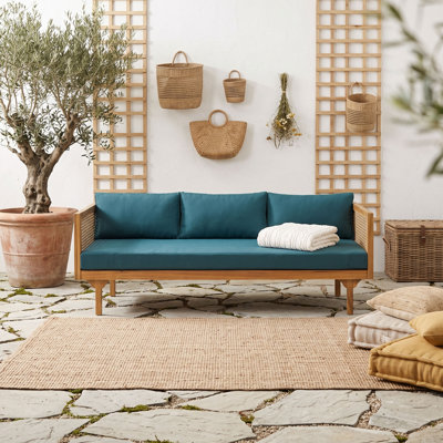 Canapé d'extérieur en bois d'acacia avec accoudoirs en rotin, lit de jour pour patio avec coussins résistants à l'eau