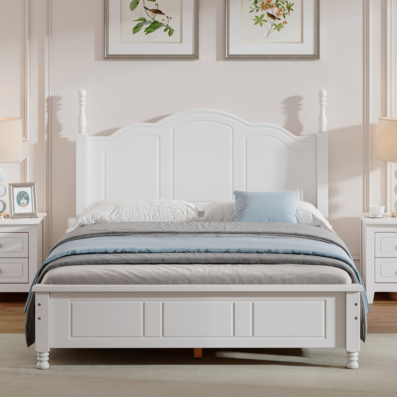 Structure de lit double en bois pleine grandeur, lit plateforme de style rétro avec support en lattes de bois, Lit double