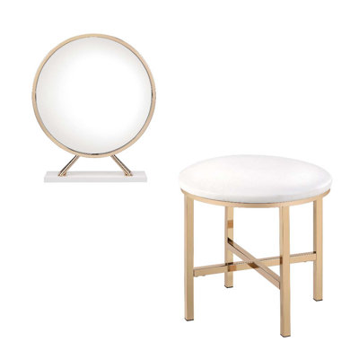 Miroir et tabouret Midriaks 16 po x 16 po, similicuir, finition blanche et dorée