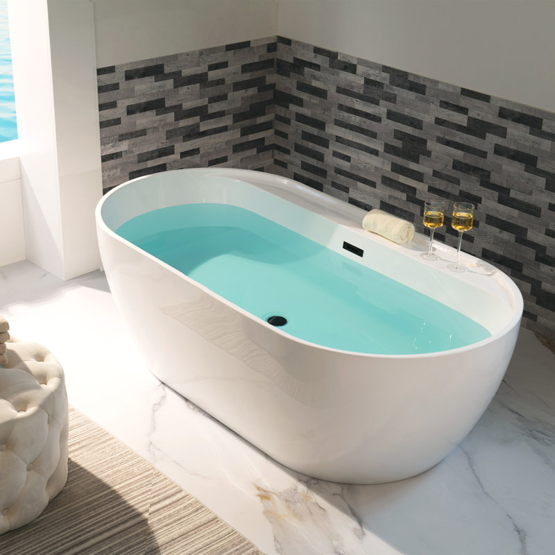 67" x 31.5" Freestanding Soaking Acrylic Bathtub, Matte Black, White
