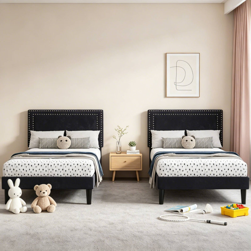 Aldora 2 Pack Black Twin Upholstered Platform Bed Frame with Tufted Adjustable Headboard,Noise-Free Twin Size Bed with 8 Inch Under-Bed Storage