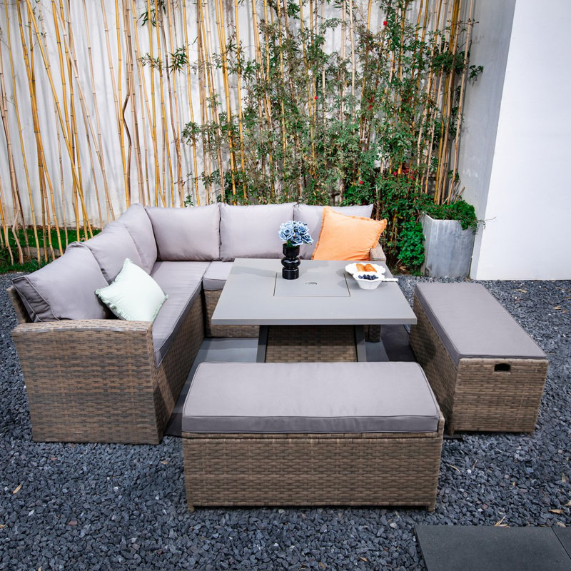 Rosen 9 Seaters Corner Sofa Cube Fire-Pit Dinning Table With Storage Benches