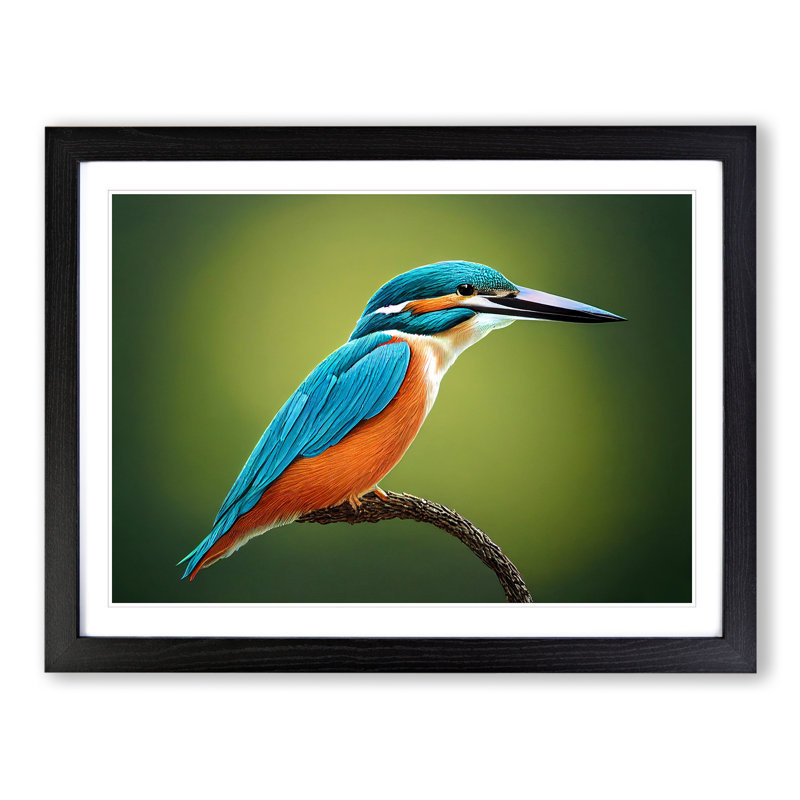 Dynamic Kingfisher Bird - Single Picture Frame Painting, 46cm H x 64cm W x 2cm D, Black