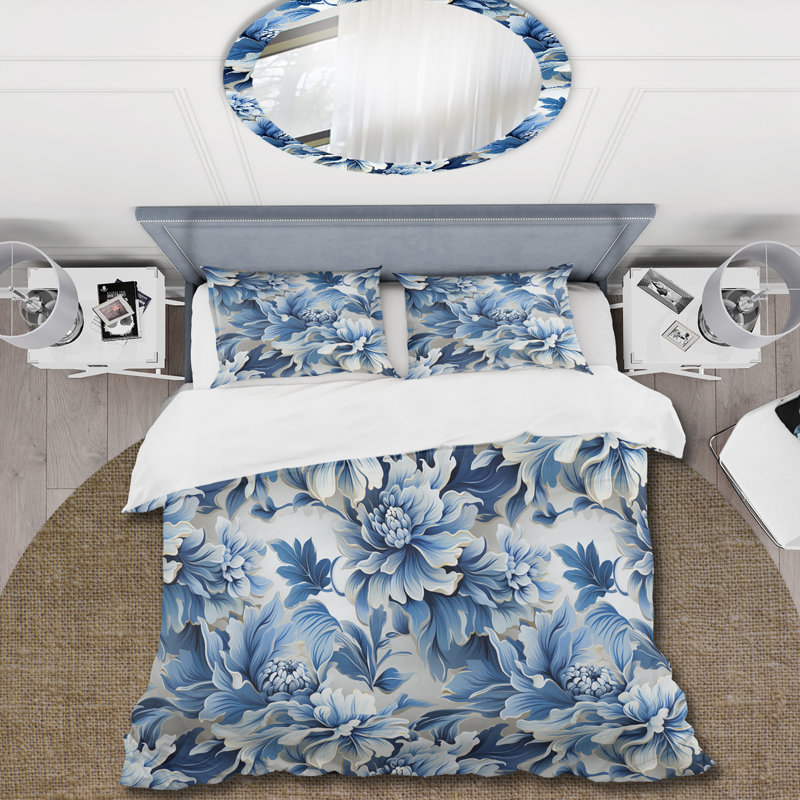 Ensemble de housse de couette blanc et bleu Damask Breeze II, Housse de couette pour grand lit et 2 taies décor