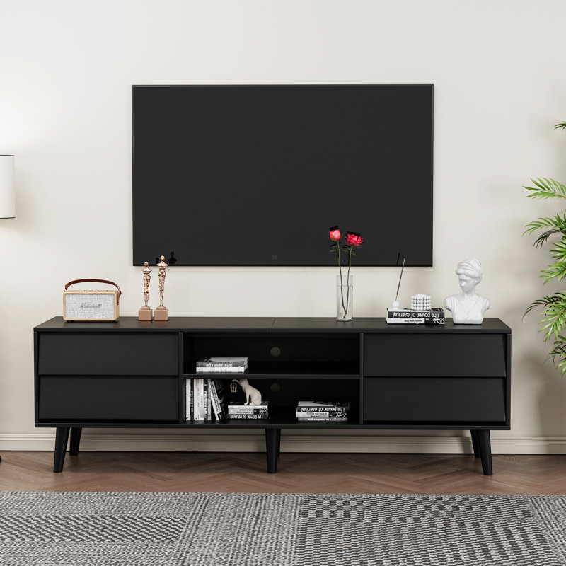 Meuble télé de 63 pouces avec détails biseautés et tiroirs rétro pour le salon, la salle à manger et le meuble de divertissement de style rétro. Tiroirs de rangement spacieux. Imperméable. Supports