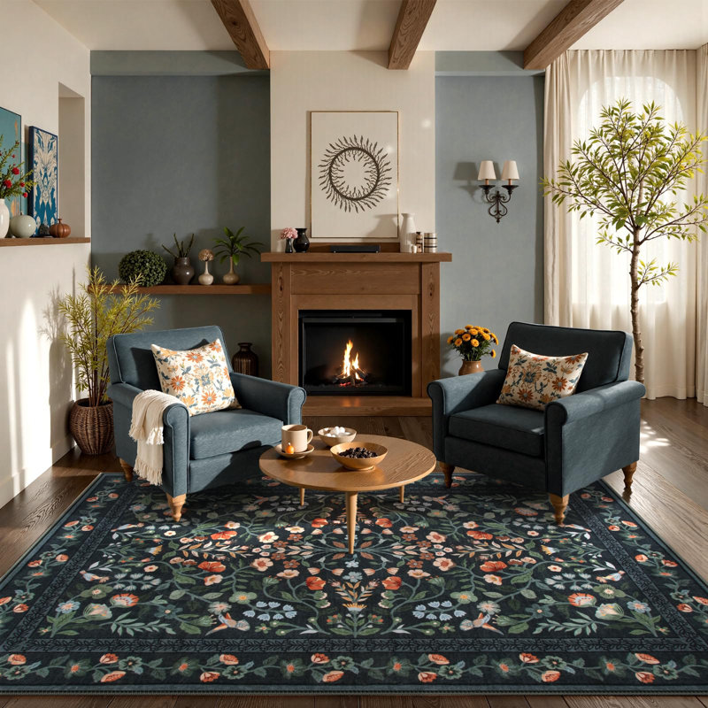  Floral Washable Rugs Non-Slip Ultra-Thin Soft Area Rug Vintage Botanical Print Carpet, Rectangle 9' x 12'