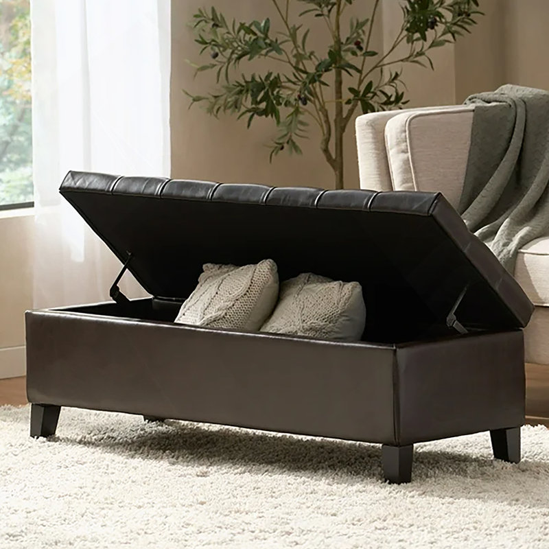 Banc repose-pieds avec rangement, surface en polyuréthane brun foncé, pieds en bois d'hévéa, capacité de 300 lb