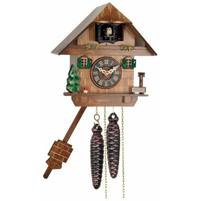  Horloge coucou sculptée à la main H 7 po, arbre, champignon, pompe à eau et chalet