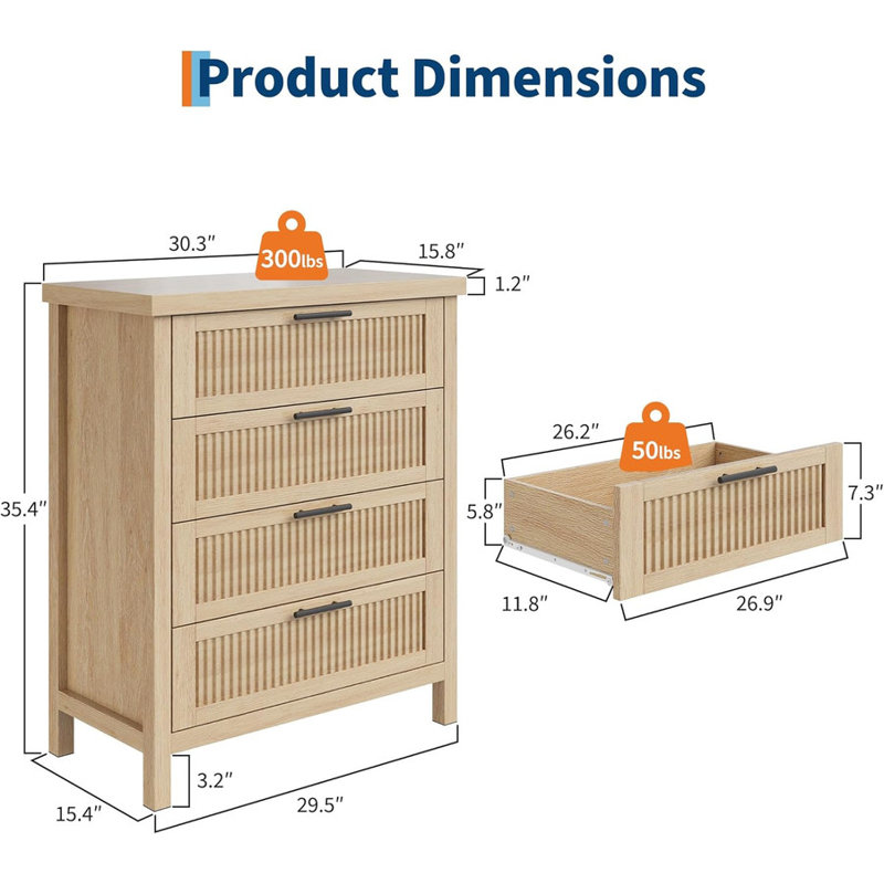 Commode cannelée en bois noire 35 po à 4 tiroirs pour rangement dans la chambre à coucher, Crème, crème