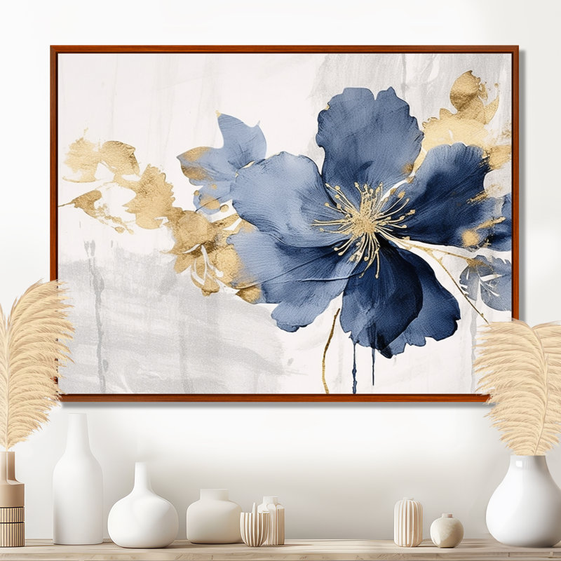 Blue White Hibiscus Tropical Harmony Flowers I On Canvas Print, 34" H x 44" W, Brown Floater Framed