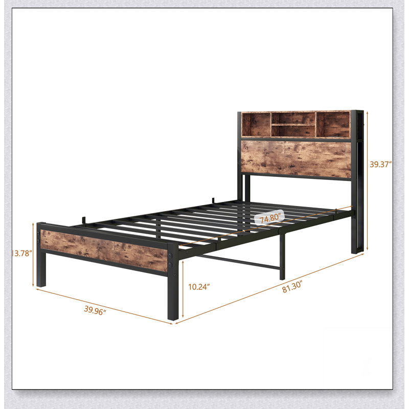 Structure de lit avec tête de lit avec rangement, lit plateforme en métal avec station de charge, Lit simple, Brun-noir