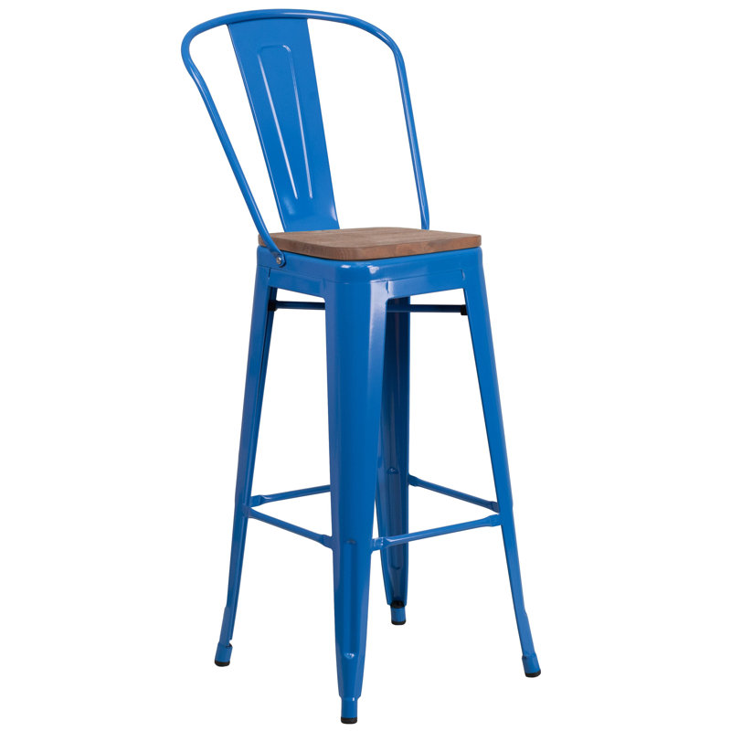 Margherite Modern Bistro Metal Dining Stool with Curved Vertical Slat Back and Wood Seat, Blue, Bar Stool (30" Seat Height)