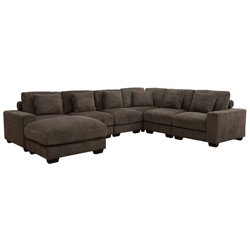 Corduroy L-Shaped Sectional Sofa Set With Ottoman For Living Room, Brown