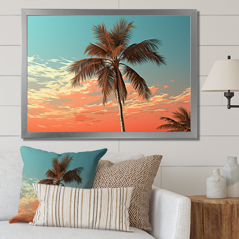 Palmier au coucher du soleil sur toile, Cadre photo argenté, H 16 po x l 32 po x P 1 po