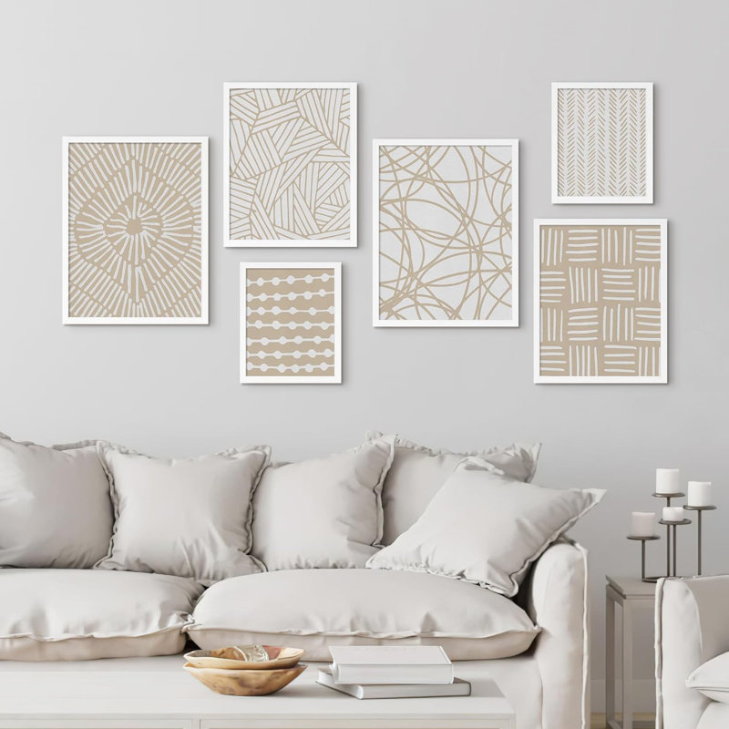 " Collage Curve Tan Line, Circle, Polygon Patterns " 6 - Pieces, White Framed