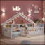 Lit simple au sol avec toit, étagères de rangement et lumière DEL pour enfants