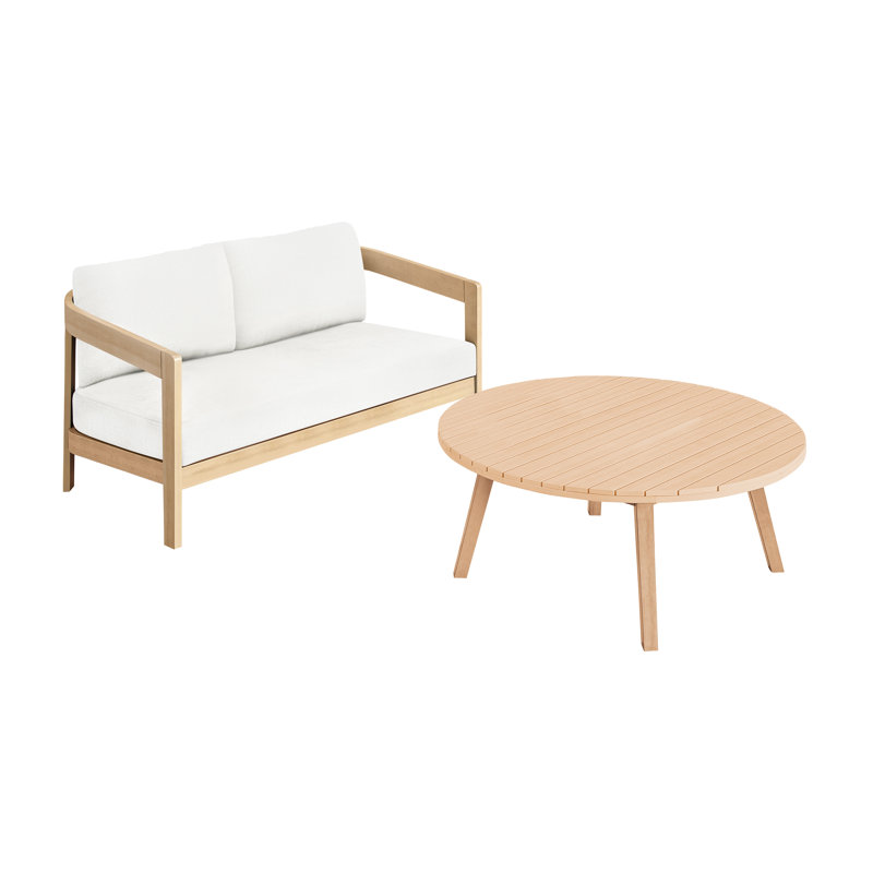 Ensemble d'extérieur 2 pièces en bois d'acacia massif avec causeuse et table basse Pablo, naturel / blanc