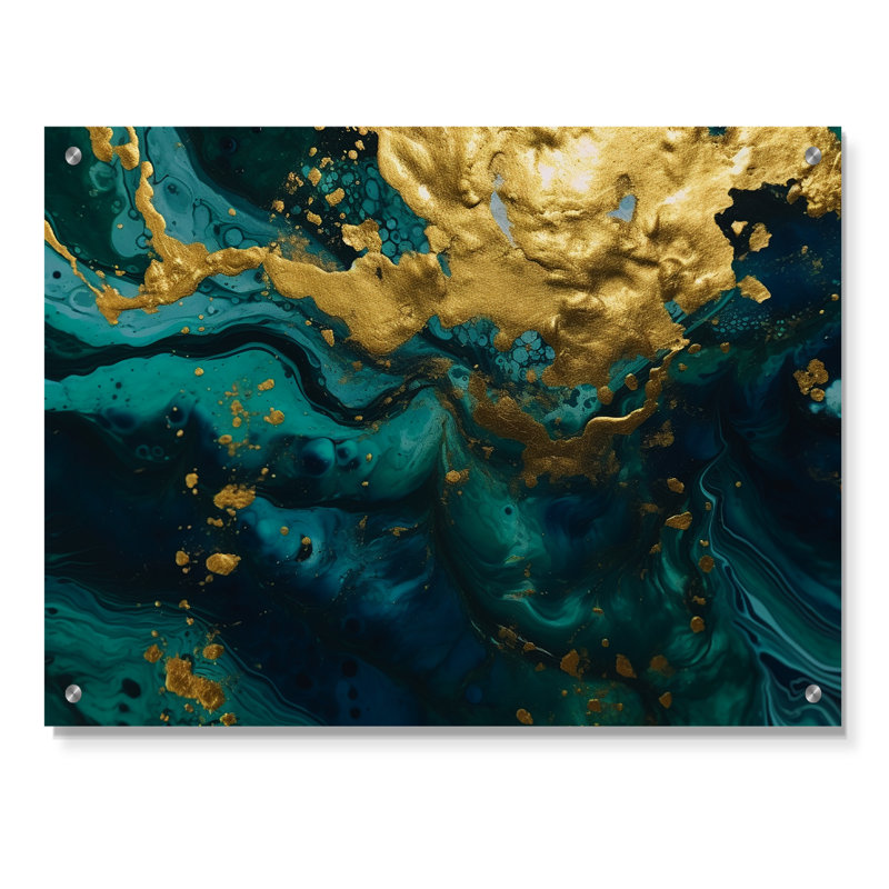 Sarcelle et or liquide Magic I - abstrait, décoration murale acrylique, H 12 po x l 20 po