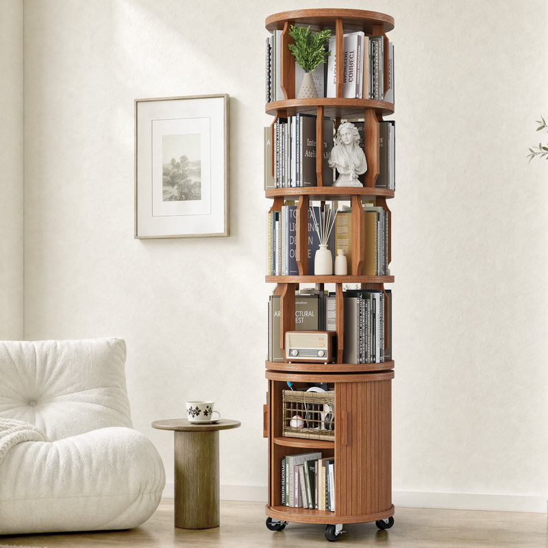 Bibliothèque pivotante à 6 niveaux avec portes, pivotant à 360°, sur roulettes, en bois massif, idéale pour les petits espaces, les coins, les chambres et les bureaux.