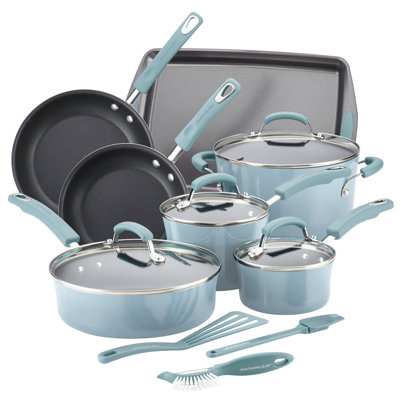 Rachael Ray Classic Brights Nonstick Cookware Pots and Pans Set with Cooking Tools and Baking Pan, 14 Piece