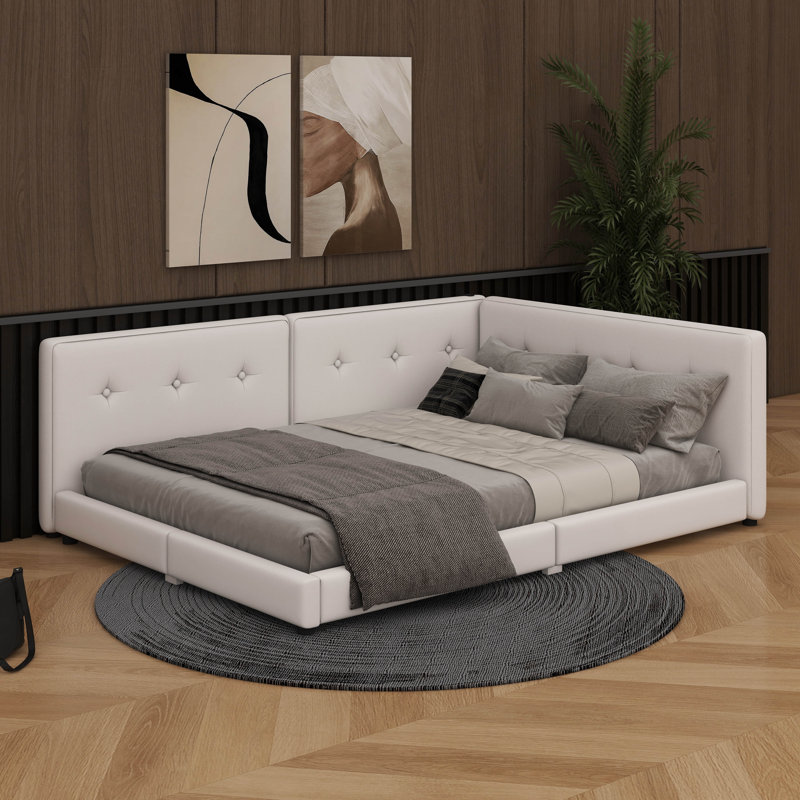 Linen Upholstered Floor Bed With USB Ports And Wood Slat Support, Full/Double