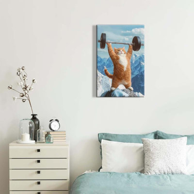 Cat Lifting Barbell Wall Art Funny Animal Wall Decor Nursery Canvas Gym Poster Print Fitness Drawings Pictures Room Kids Room Bedroom Ready To Hang (Canvas)