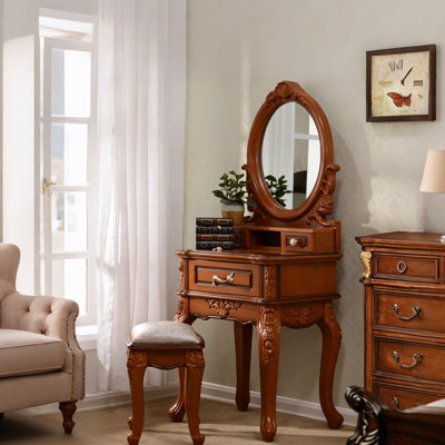 Ensemble de meuble-lavabo compact Mid-Century brun avec miroir et tabouret rembourré