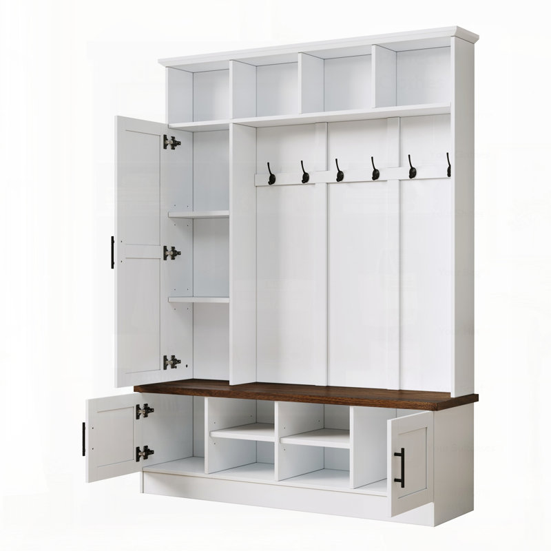 Versatile 3-In-1 Hall Tree With 6 Hooks, Farmhouse Walnut Storage Bench, And Adjustable Shelves For Entryway Organization