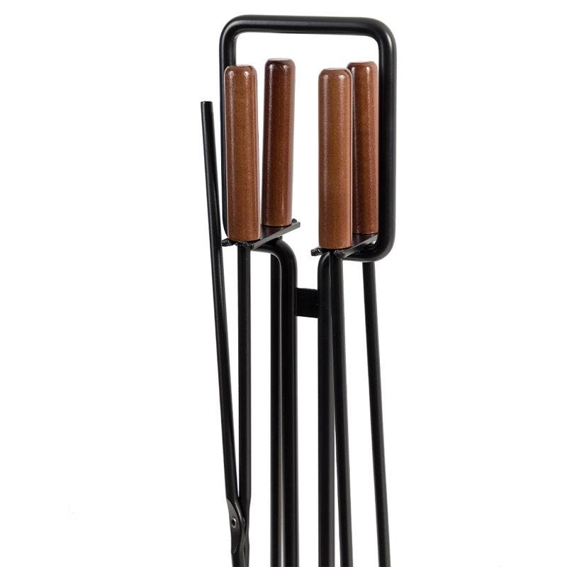 Modern Black Steel 5-Piece Fireplace Tool Set with Maple Handles