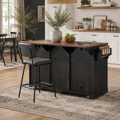 72" Farmhouse Kitchen Island with Fridge Storage Space & Power Outlet, Rolling Coffee Bar Cabinet on Wheels with 4 Drawers, Sliding Barn Door, Glass Holder, Drop Leaf, Island Kitchen Table, Black
