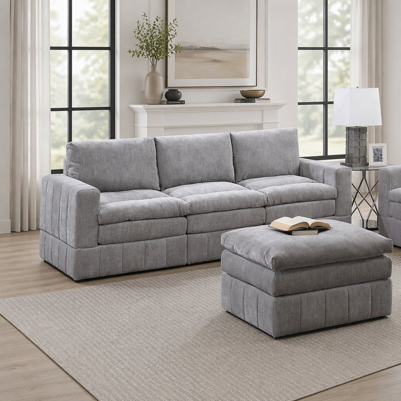 Ensemble modulaire contemporain 6 pièces avec fauteuil, fauteuil et repose-pieds en tissu Morgan